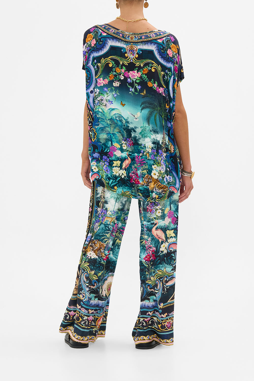 The CAMILLA JERSEY FLARE PANT RINSE & ROAR in our  print.