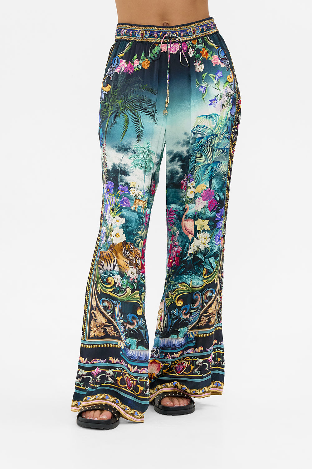 The CAMILLA JERSEY FLARE PANT RINSE & ROAR in our  print.