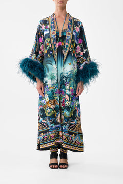 The CAMILLA Long Robe With Narrow Collar And Feathers in our Basked In Baroque print.