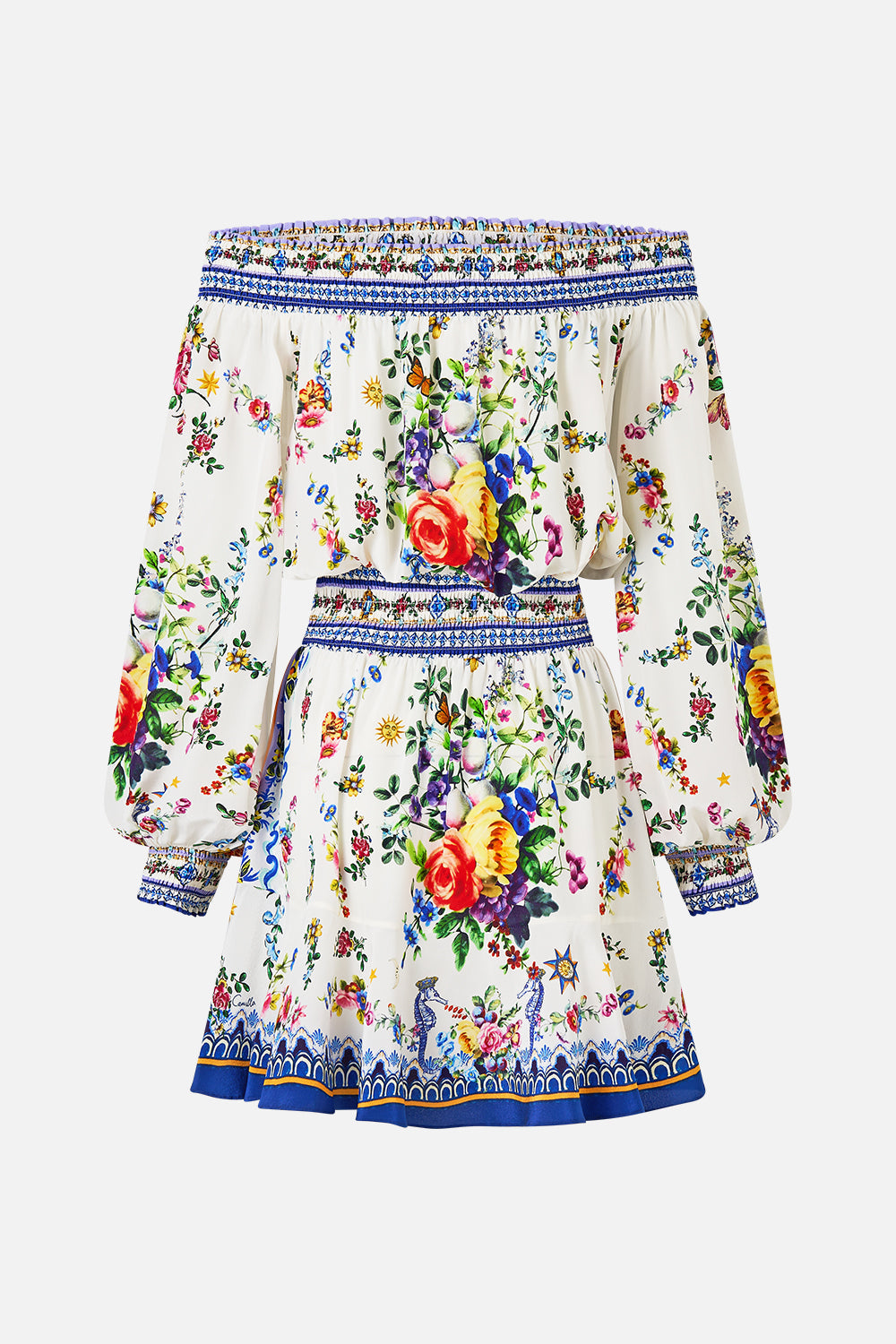 The CAMILLA Off Shoulder Short Dress in our Tiles Darls print.