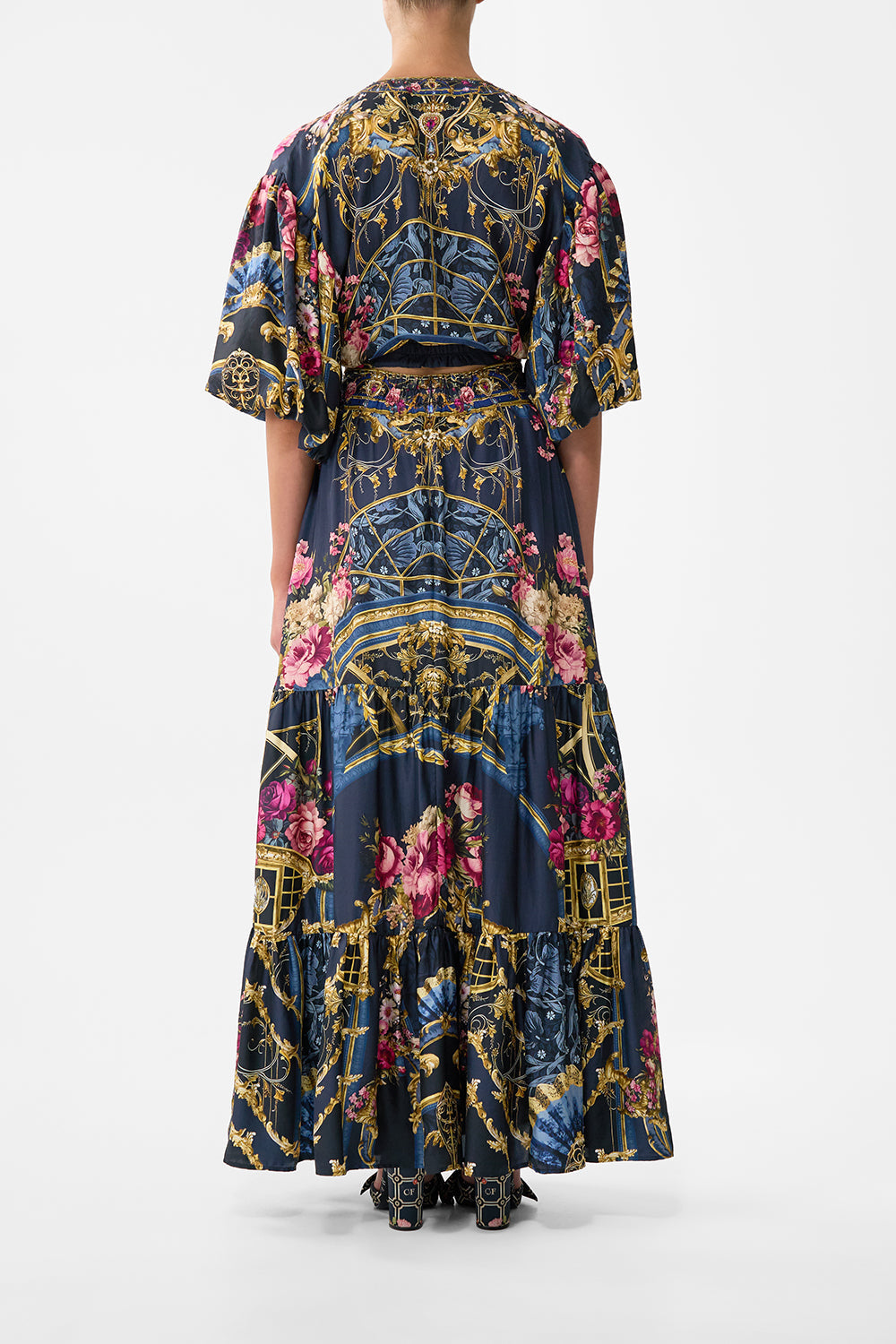 The CAMILLA V NECK BIAS SLIP DRESS WITH FRINGING MAJESTIC MILLA in our  print.