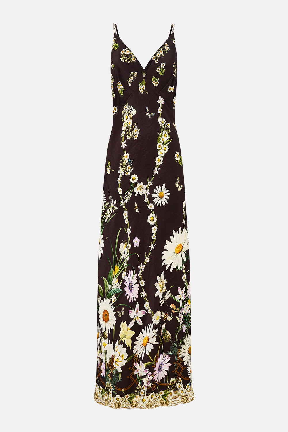 The CAMILLA V Neck Full Length Bias Slip Dress in our Dish It, Daisy print.