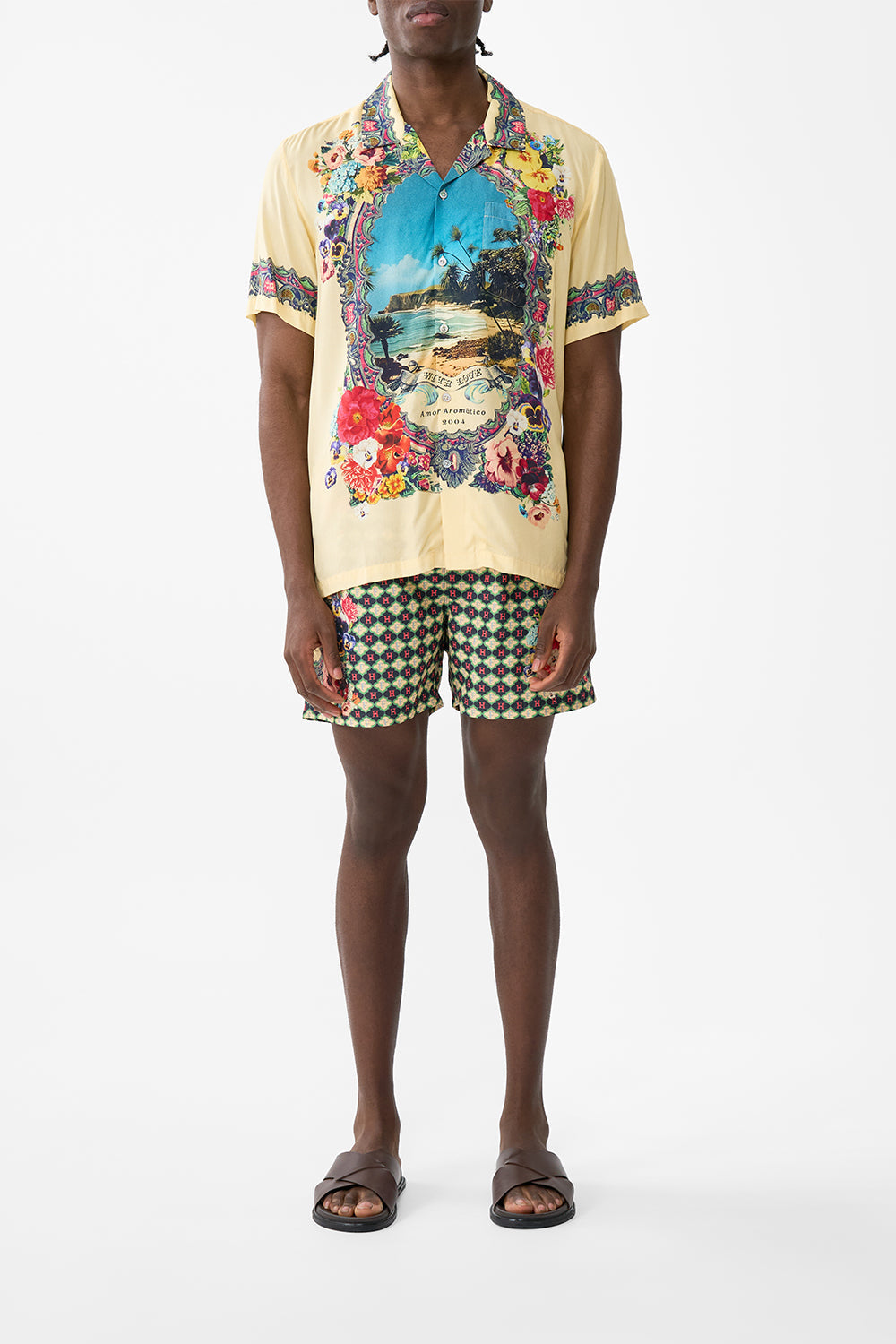 The CAMILLA MID LENGTH BOARDSHORT WITH ELASTIC WAIST TILES DARLS in our TILES DARLS print.