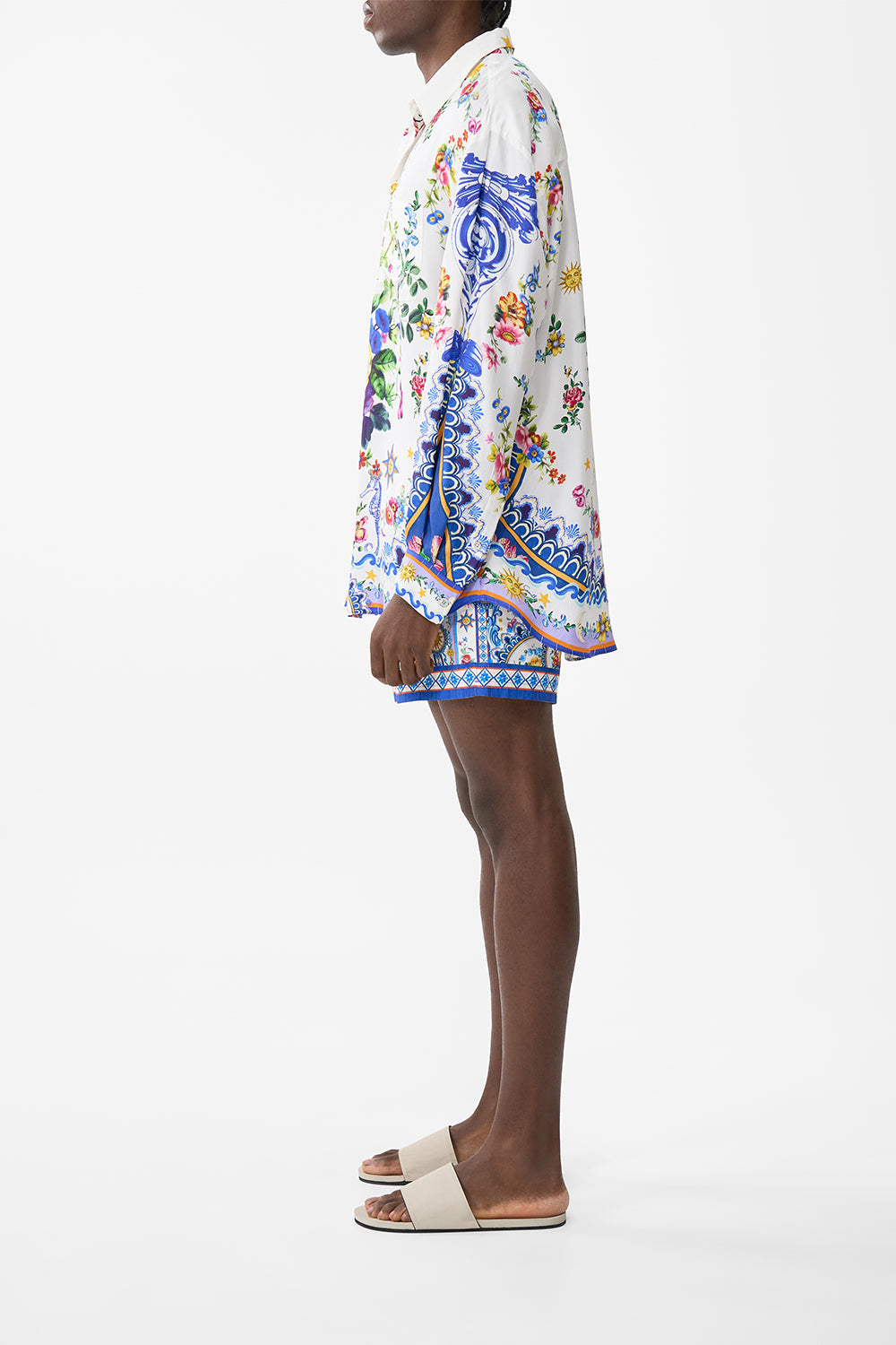 The CAMILLA TIERED DRESS WITH NECK FRILL AROMATIC AMOR in our  print.
