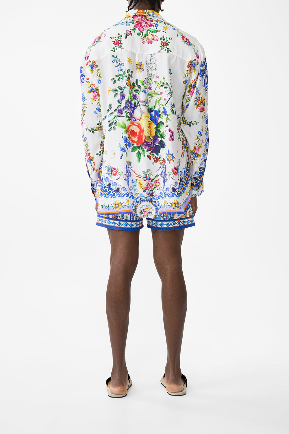 The CAMILLA TIERED DRESS WITH NECK FRILL AROMATIC AMOR in our AROMATIC AMOR print.