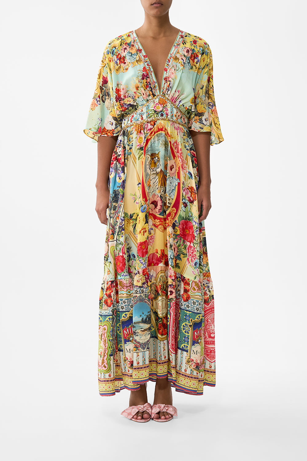 The CAMILLA Waisted Dress With Hem Ruffle in our Aromatic Tiger Flower print.