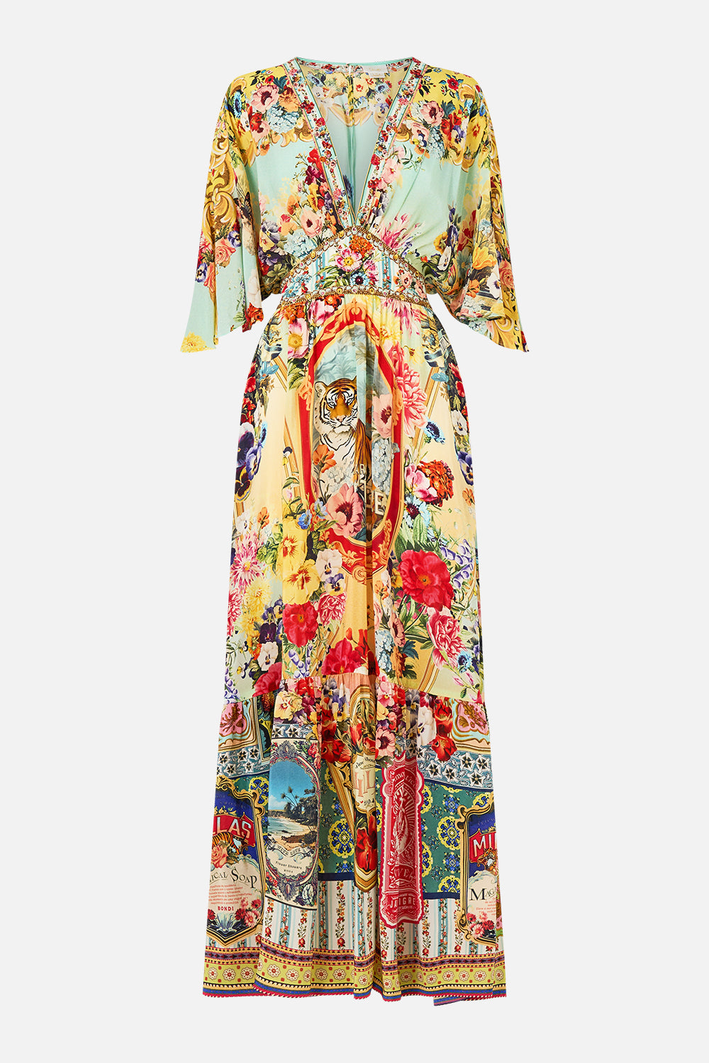 The CAMILLA Waisted Dress With Hem Ruffle in our Aromatic Tiger Flower print.