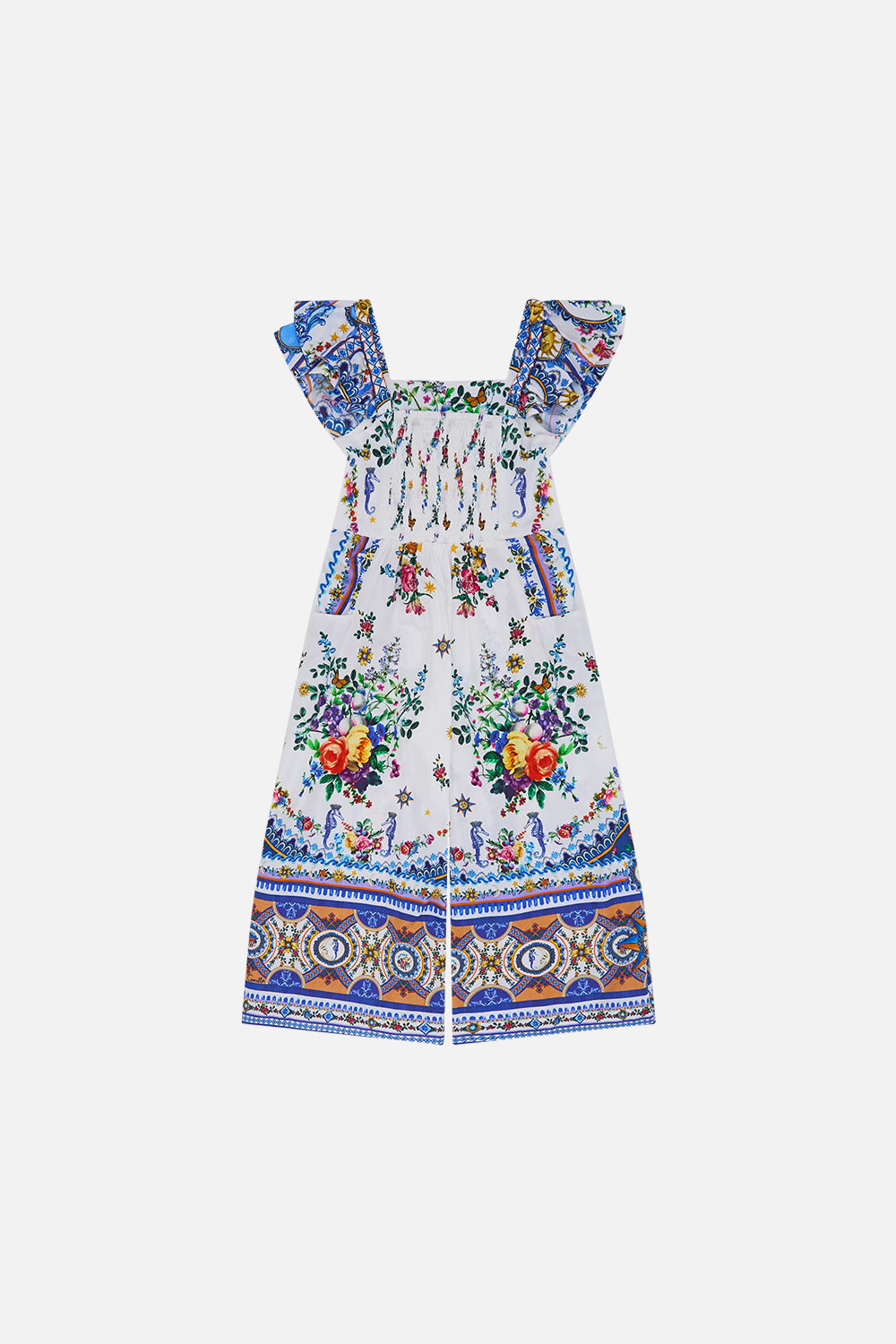 The CAMILLA Kids Jumpsuit With Frill Shoulder 12-14 in our Tiles Darls print.