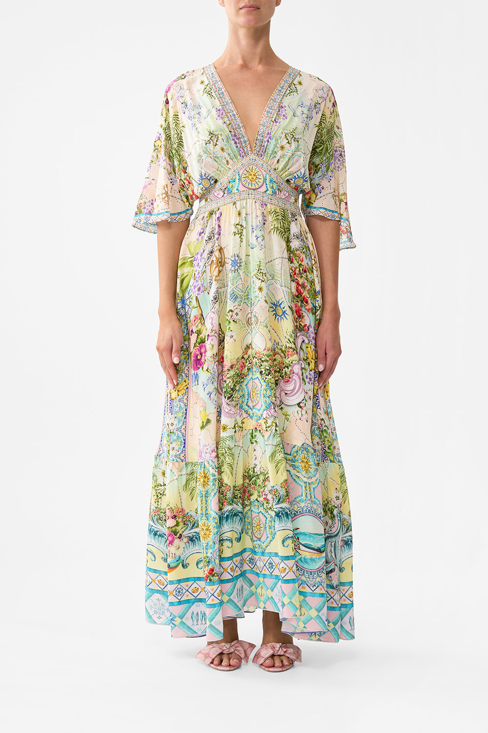 The CAMILLA Waisted Dress With Hem Ruffle in our Just Coasting print.