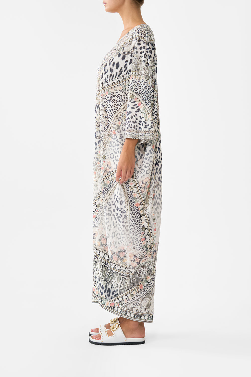 The CAMILLA Jersey V Neck Batwing Kaftan in our Marble Heaven print.