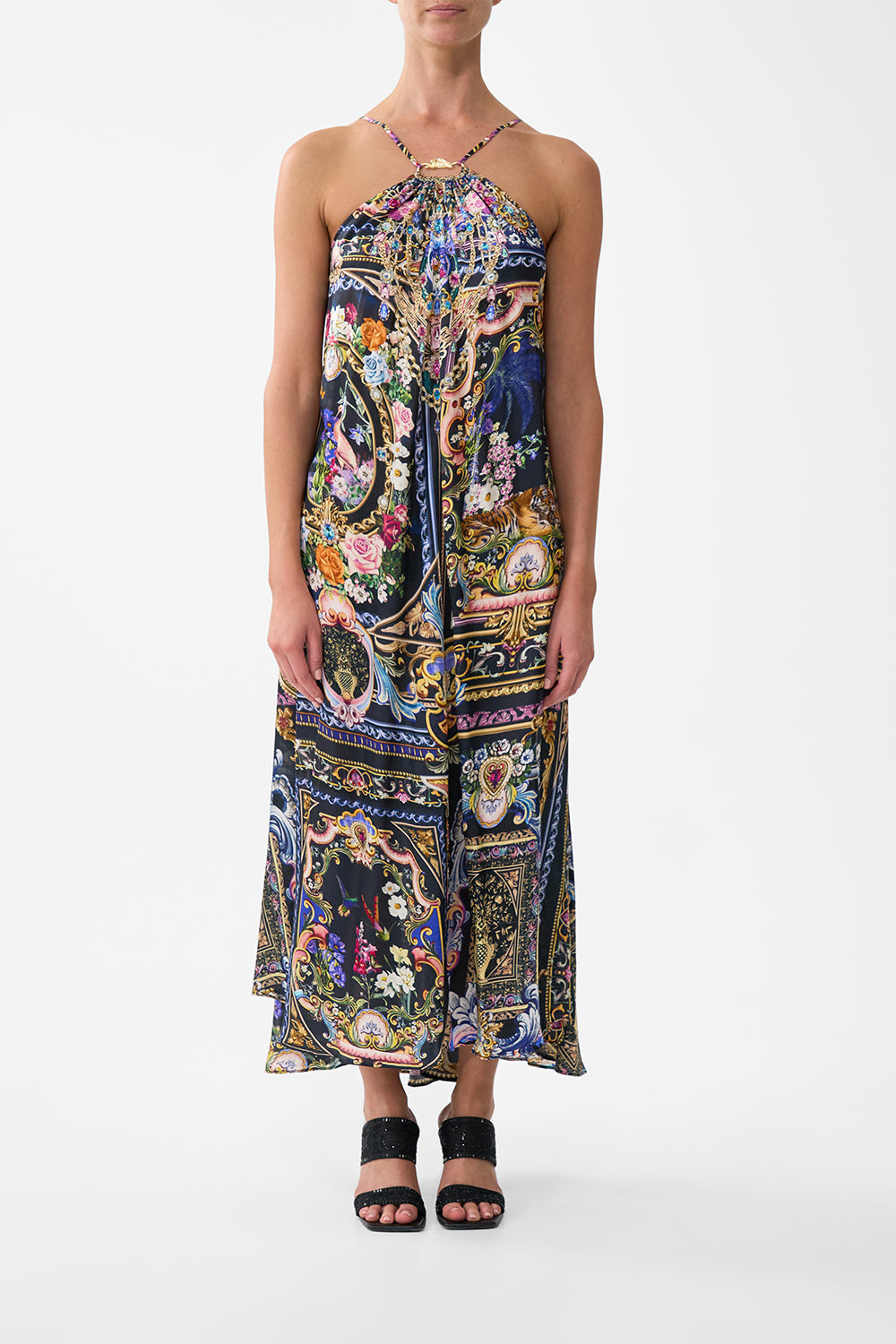 The CAMILLA SHAPED WAISTBAND DRESS WITH GATHERED SLEEVES MAJESTIC MILLA in our  print.