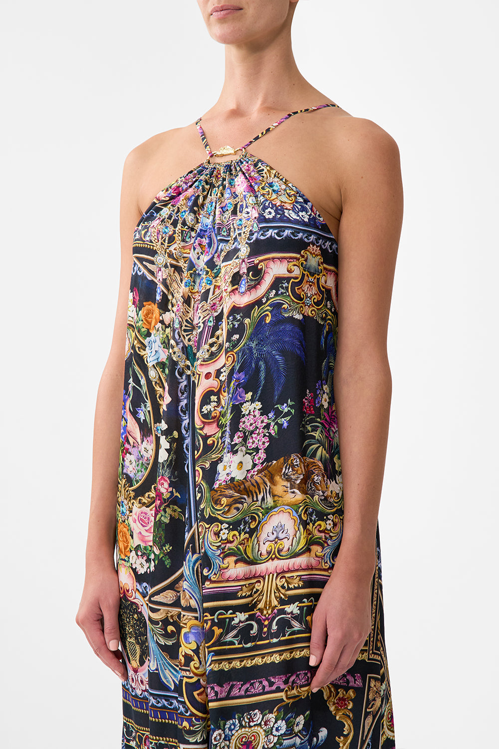 The CAMILLA SHAPED WAISTBAND DRESS WITH GATHERED SLEEVES MAJESTIC MILLA in our  print.