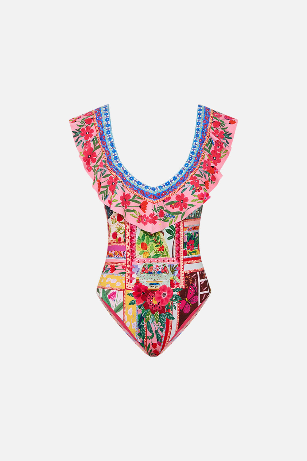 CAMILLA Deep V Frill One Piece in Roeqiyas Realm print. 