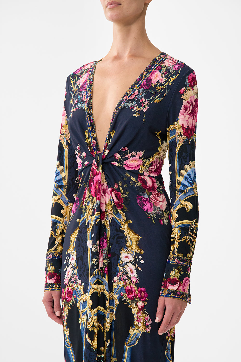 The CAMILLA Long V Neck Twist Front Jersey Dress in our Ornate On A Plate print.