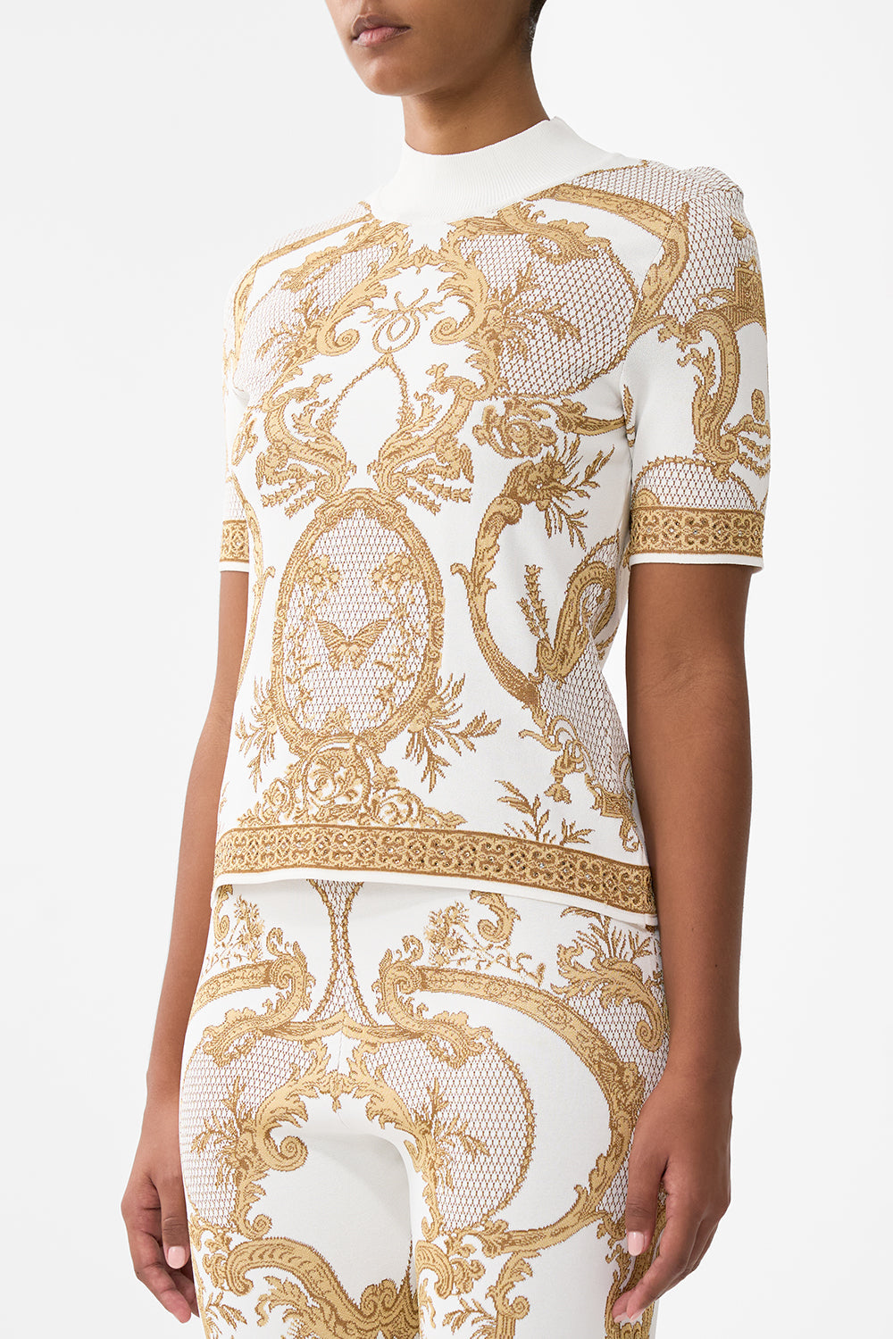 The CAMILLA Mock Neck Knit Top in our Dressing Room Drama print.