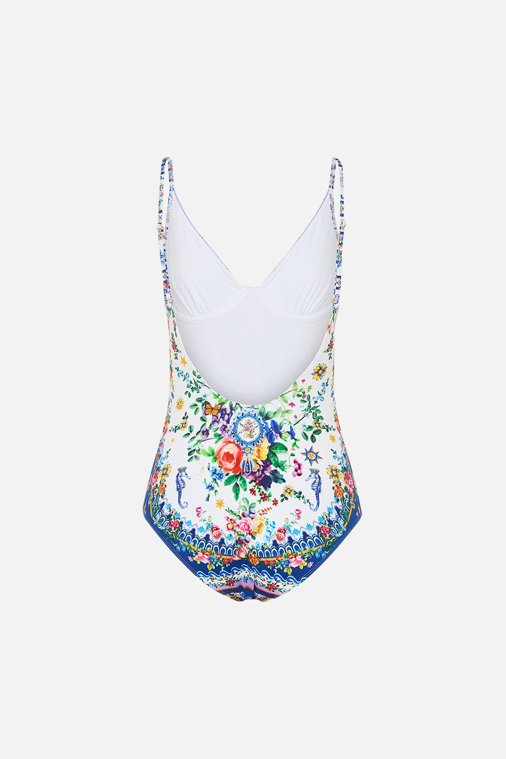 The CAMILLA V Neck Underwire One Piece With Scoop Back in our Tiles Darls print.
