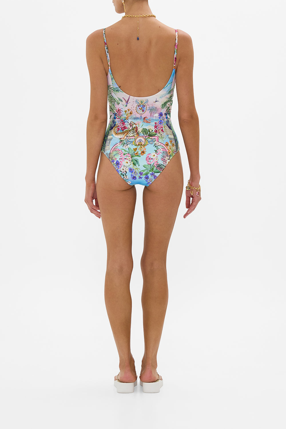 The CAMILLA Scoop Neck One Piece With Scoop Back in our Spirit Of Santa Maria print.