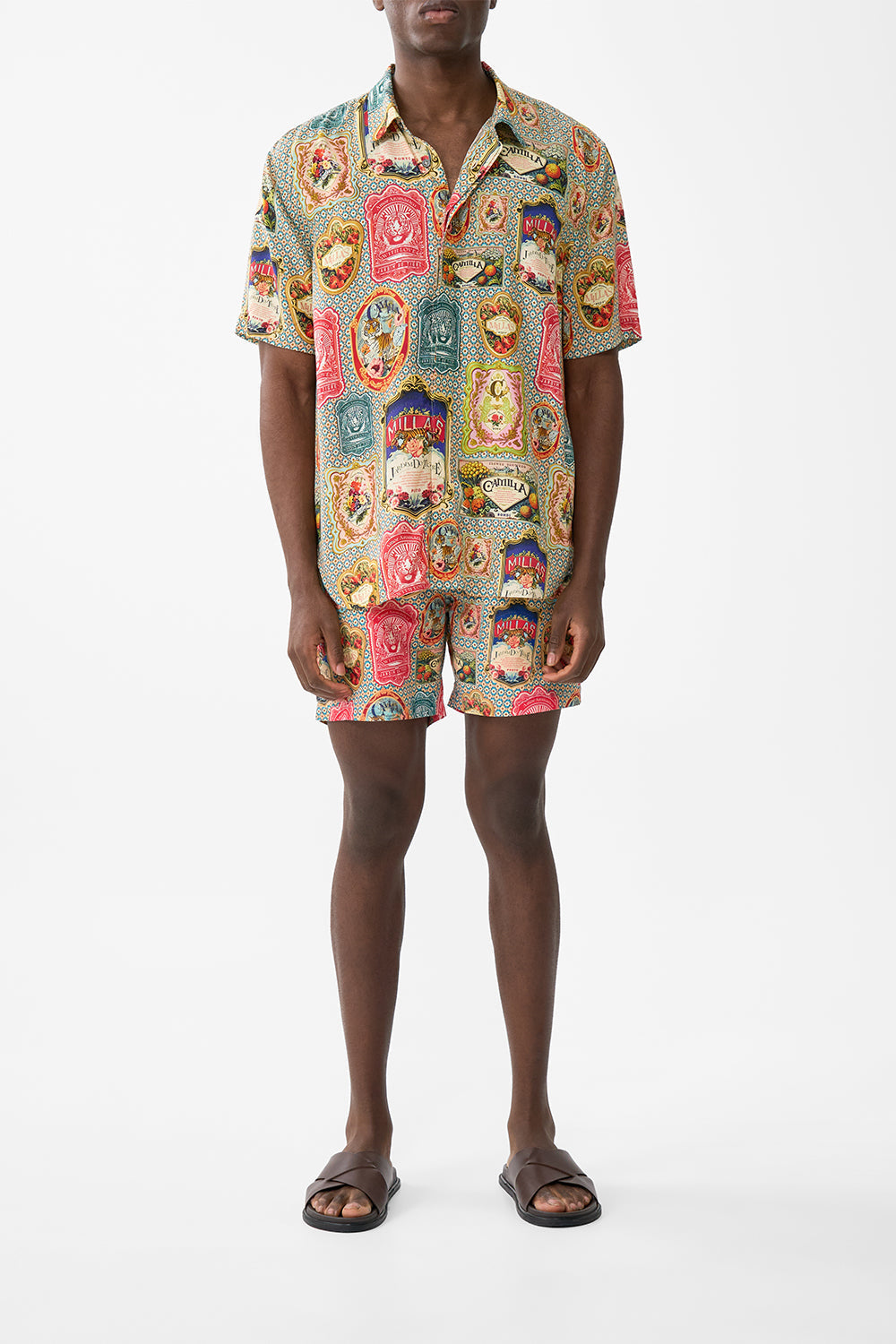 The CAMILLA TIERED SHIRT DRESS WITH SHORT SLEEVE BATHING BOMBSHELL in our  print.