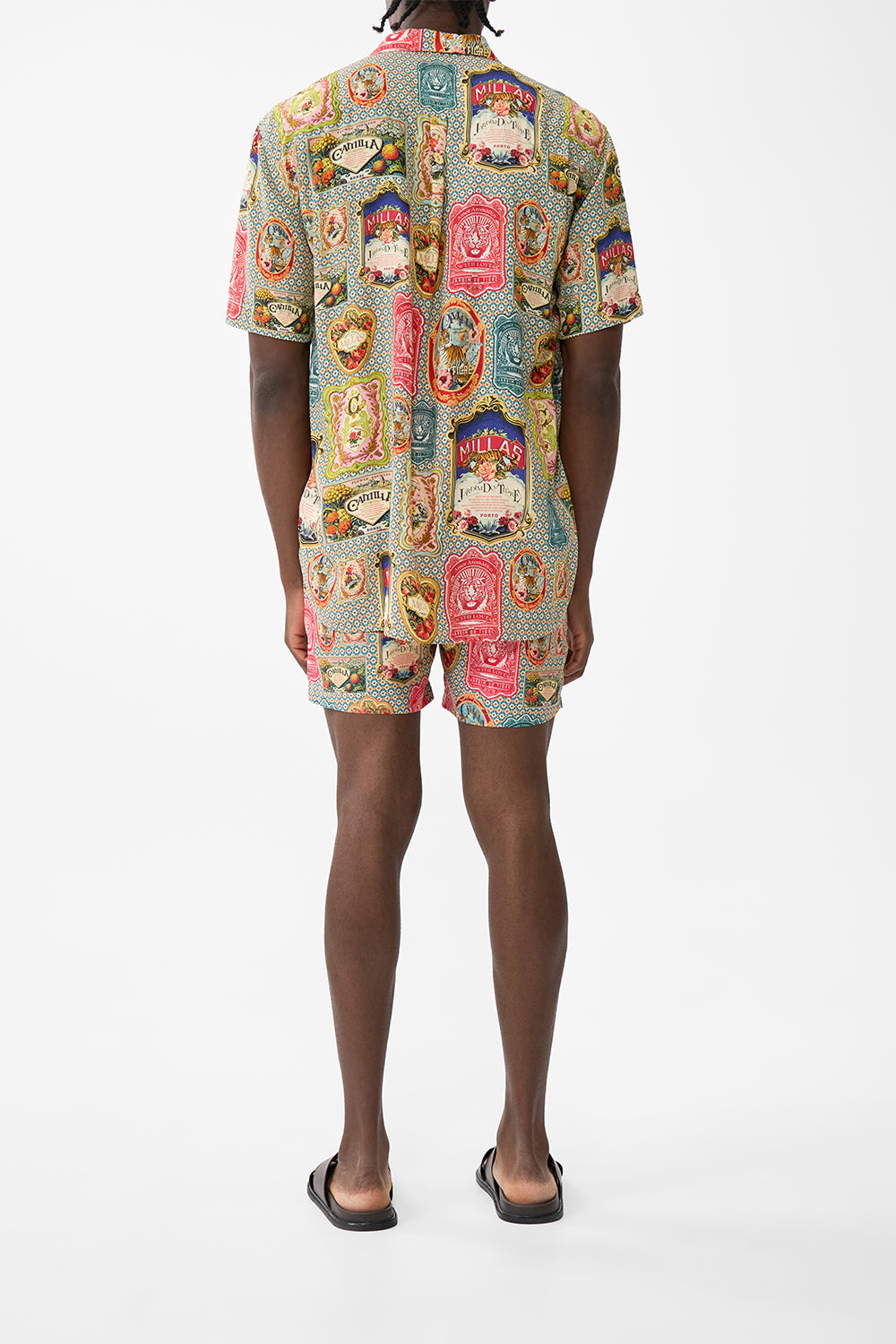 The CAMILLA TIERED SHIRT DRESS WITH SHORT SLEEVE BATHING BOMBSHELL in our  print.