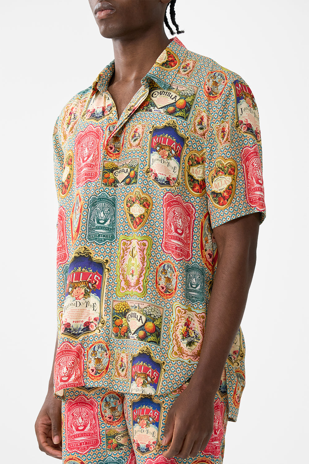 The CAMILLA TIERED SHIRT DRESS WITH SHORT SLEEVE BATHING BOMBSHELL in our  print.