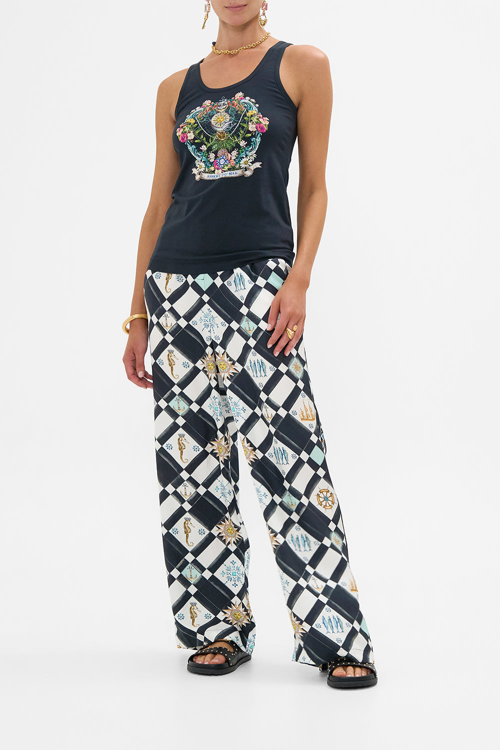 The CAMILLA Jersey Scoop Neck Tank Top in our Folk Afloat print.