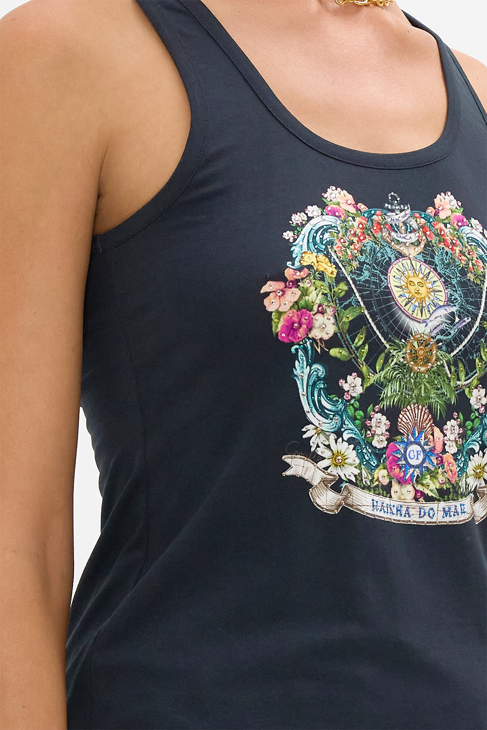 The CAMILLA Jersey Scoop Neck Tank Top in our Folk Afloat print.