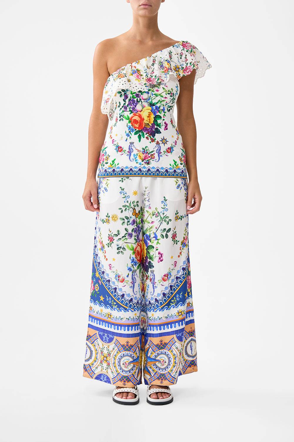 The CAMILLA One Shoulder Fitted Jersey Tank in our Tiles Darls print.