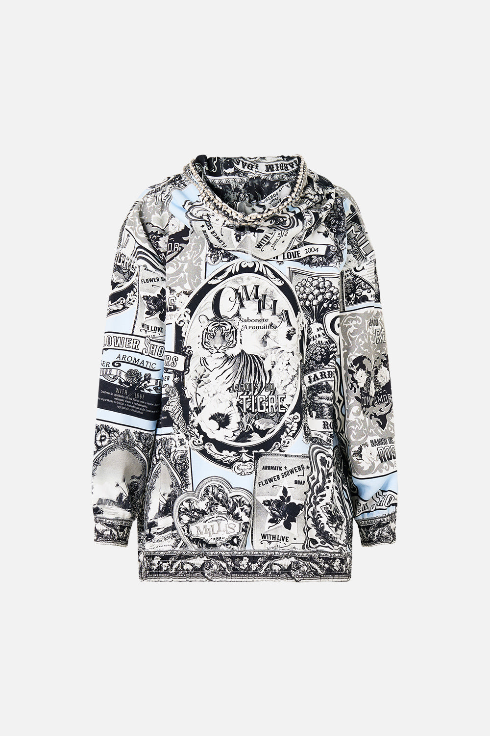 The CAMILLA Silk Band Oversized Hoodie With Pockets in our Perfumed In Porto print.