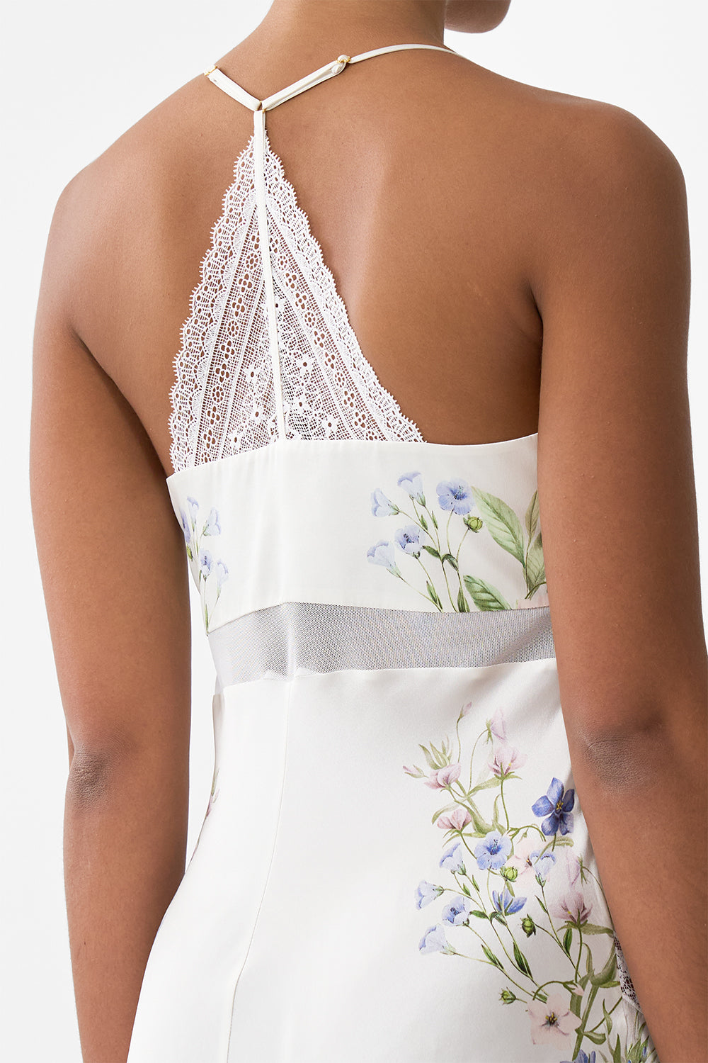 The CAMILLA Lace Splice Bias Long Dress in our Dressing Room Drama print.