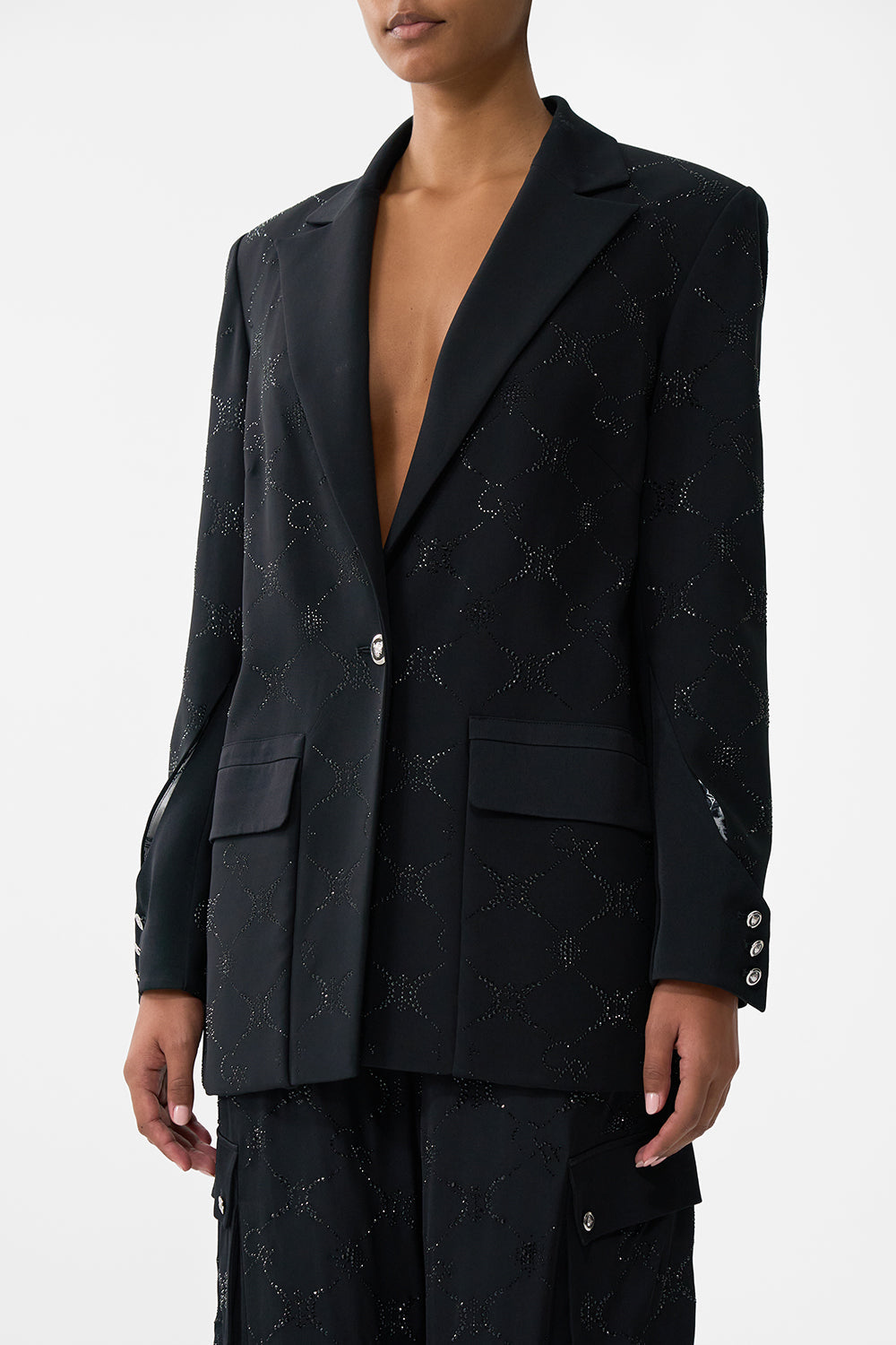 The CAMILLA Jacket With Sleeve Cut Out Detail in our Solid Black print.