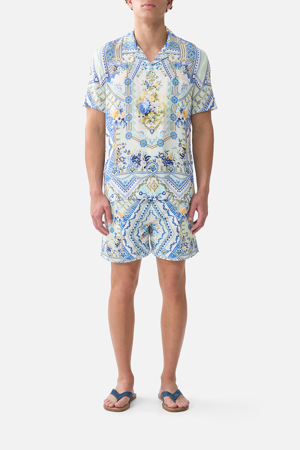 The CAMILLA RUFFLE HEM HALTER SHORT DRESS THE BOSPHOROUS in our  print.