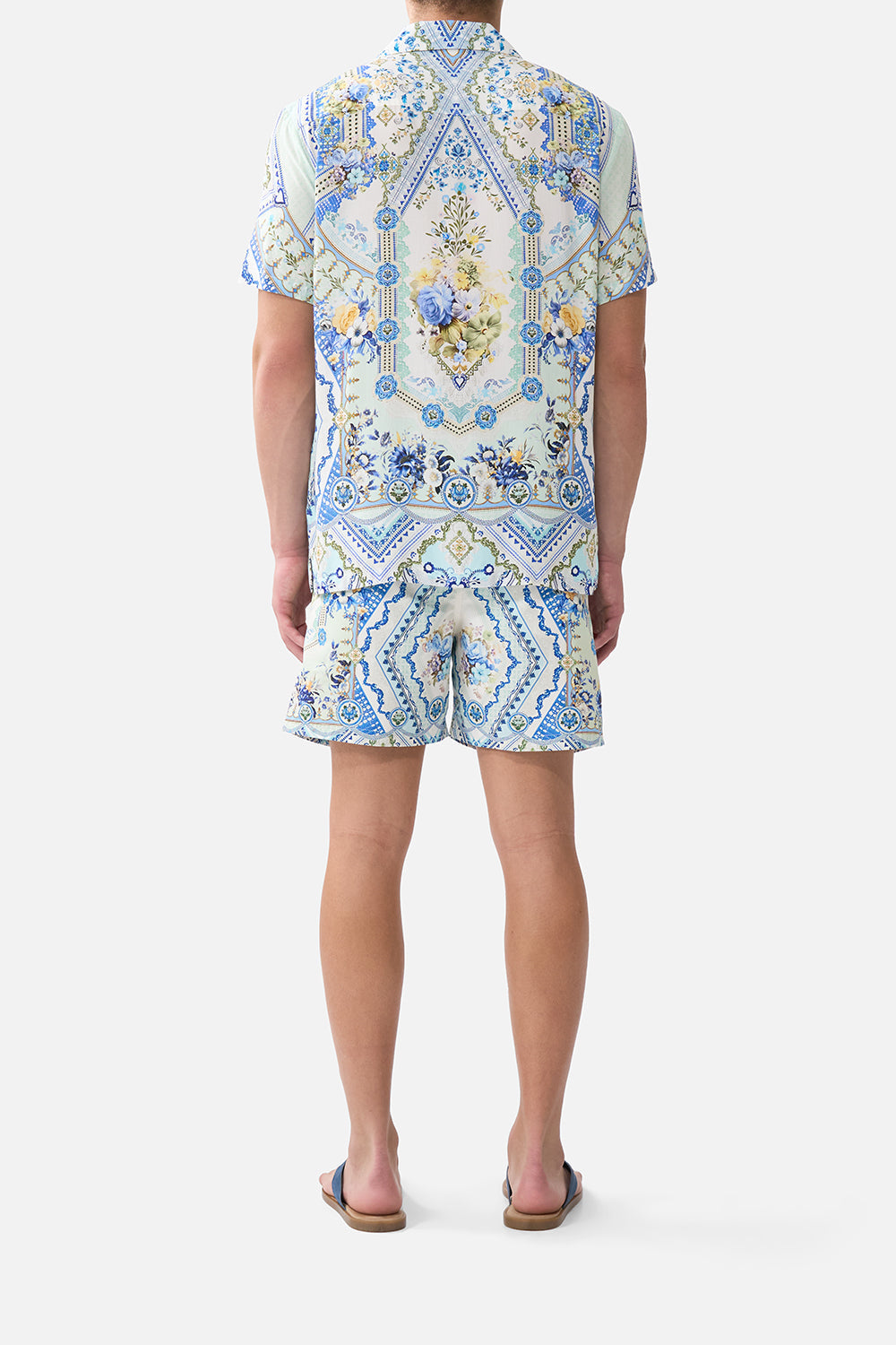 The CAMILLA RUFFLE HEM HALTER SHORT DRESS THE BOSPHOROUS in our  print.