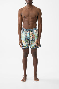 The CAMILLA Mid Length Boardshort With Elastic Waist in our Folk Afloat print.