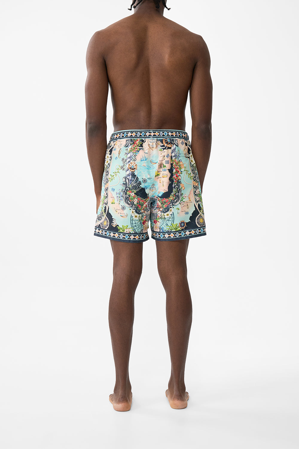 The CAMILLA Mid Length Boardshort With Elastic Waist in our Folk Afloat print.