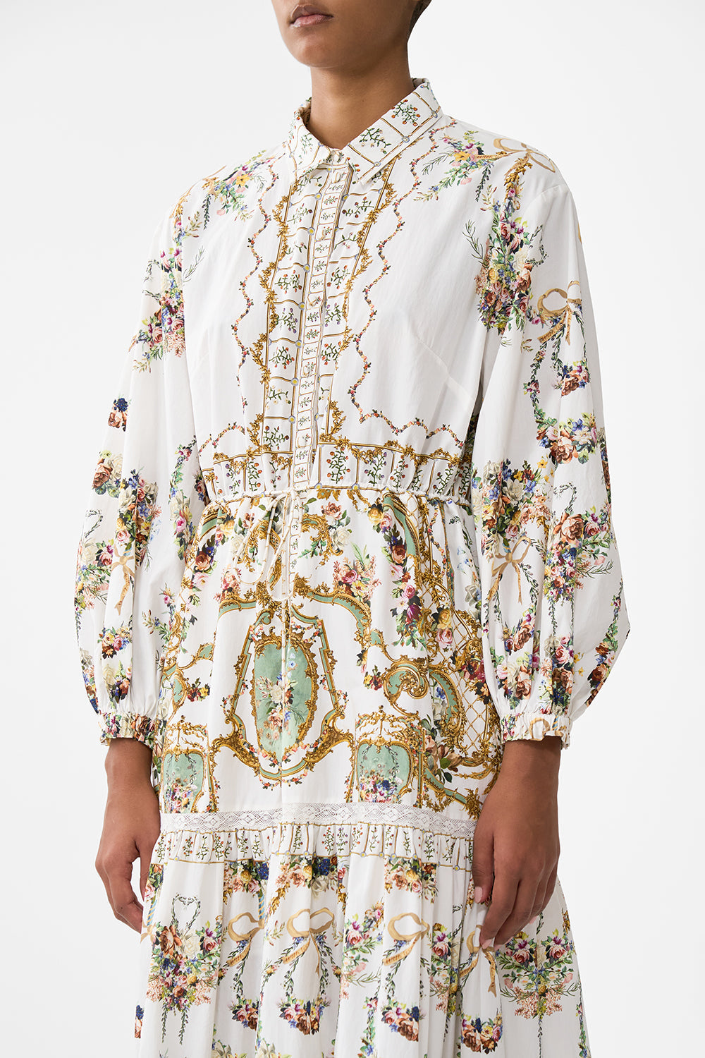 The CAMILLA Tiered Long Shirt Dress in our Dressing Room Drama print.