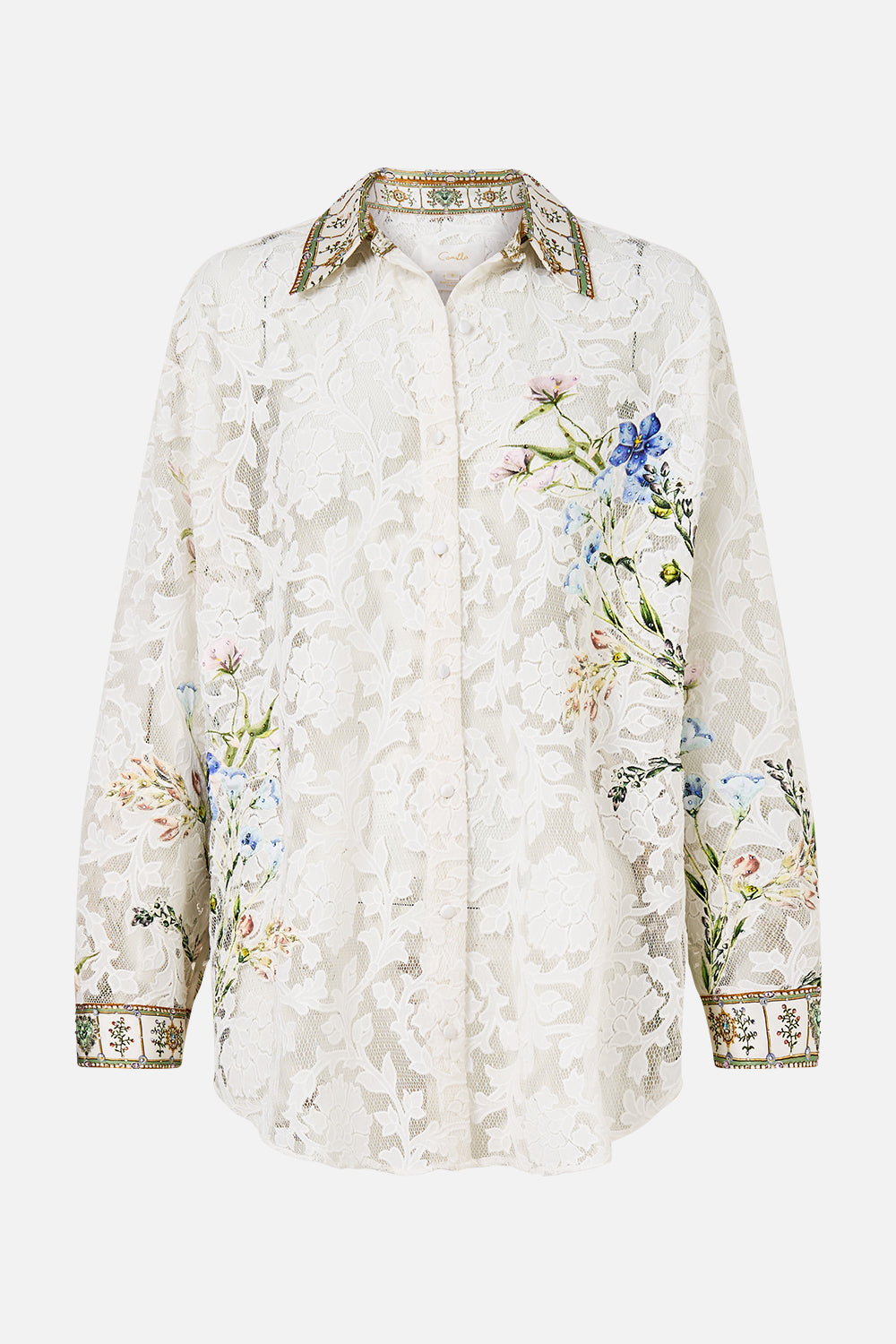 The CAMILLA Collared Shirt With Side Buttons in our Dressing Room Drama print.