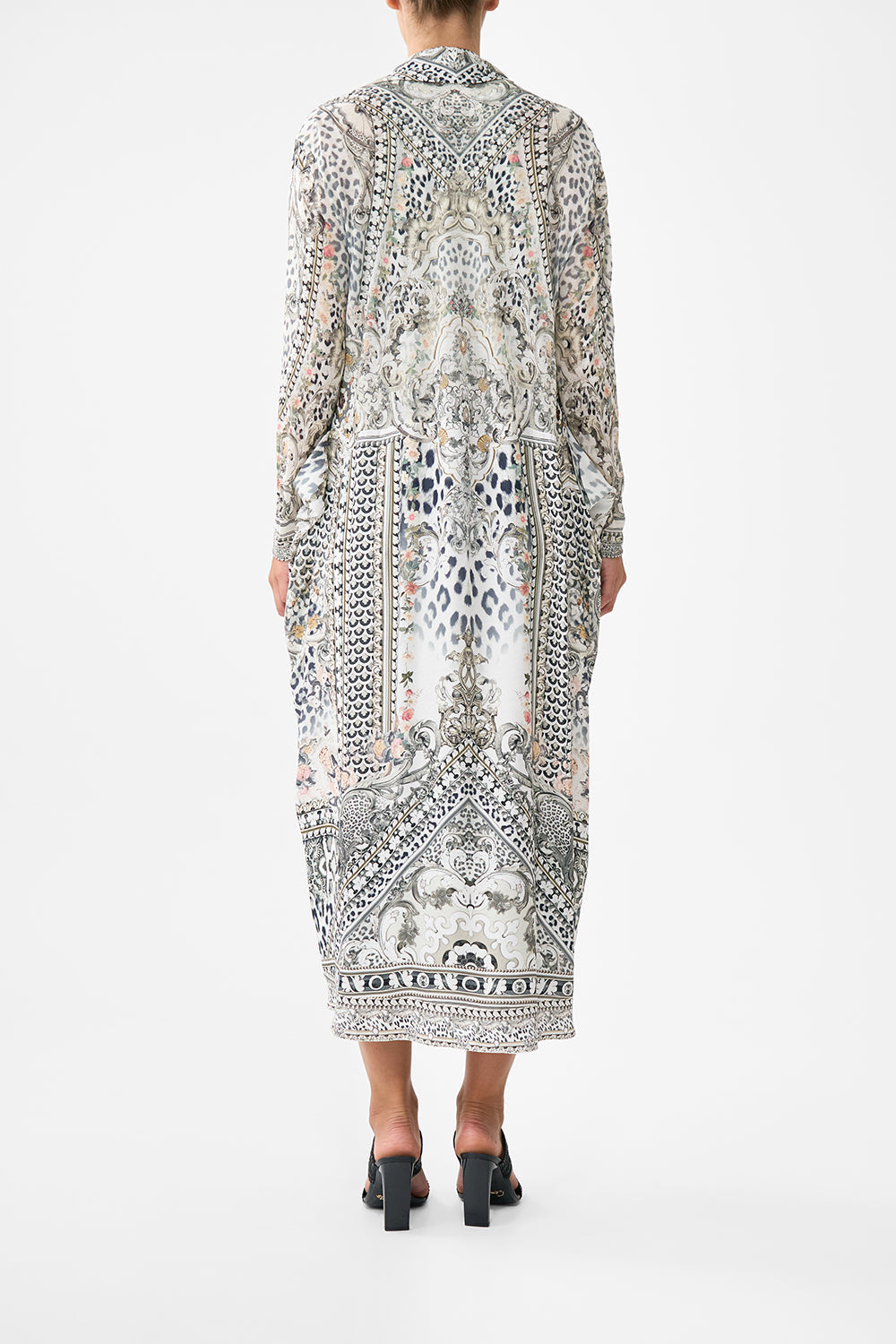 The CAMILLA Long Casual Jacket With Pockets in our Marble Heaven print.