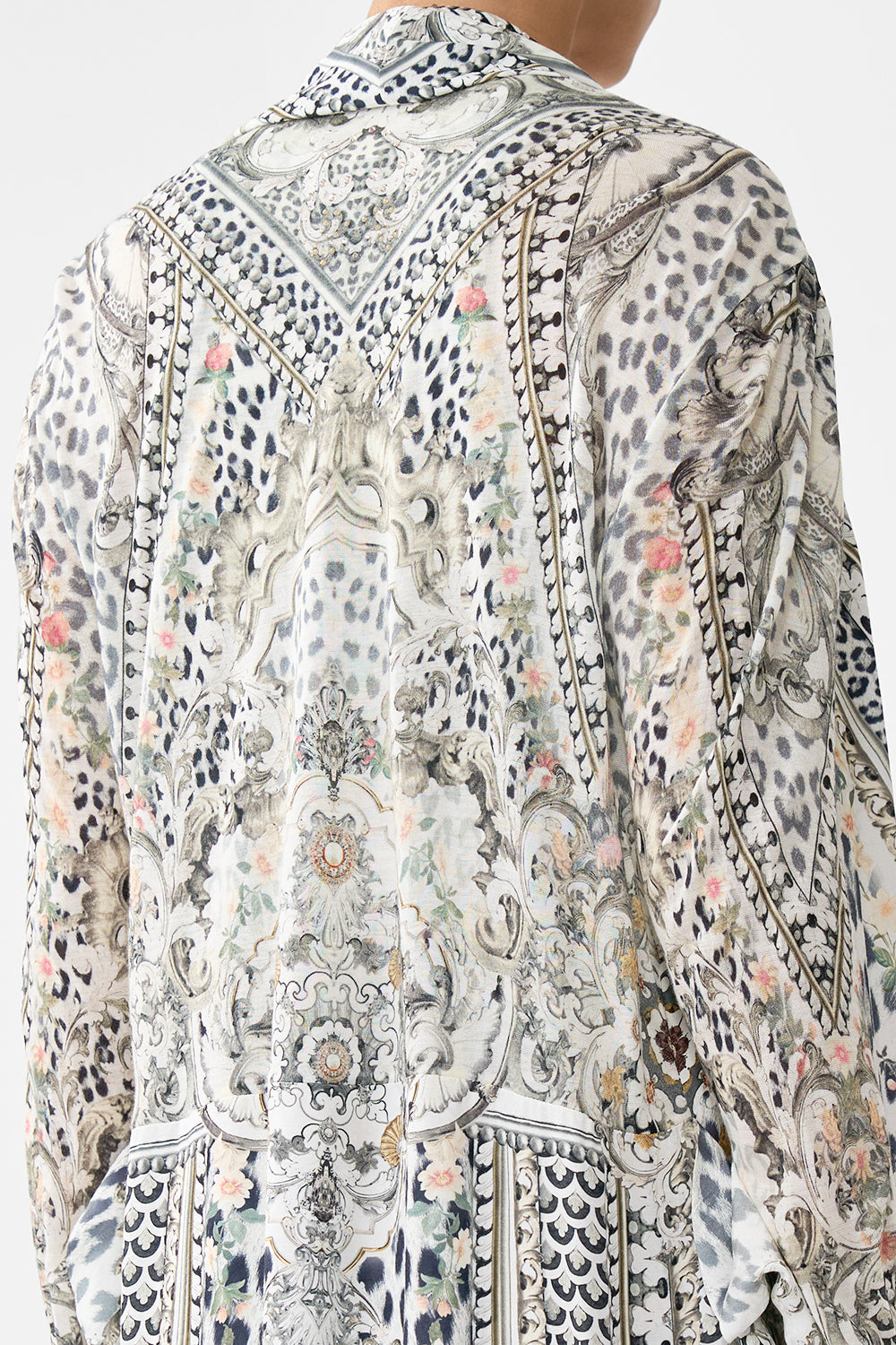 The CAMILLA Long Casual Jacket With Pockets in our Marble Heaven print.