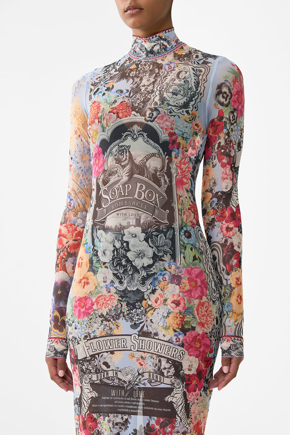 The CAMILLA Turtle Neck Mesh Dress in our Flower Showers print.