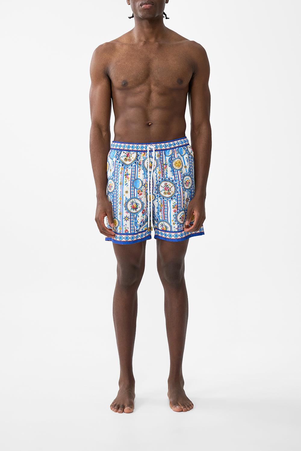 The CAMILLA Mid Length Boardshort With Elastic Waist in our Tiles Darls print.