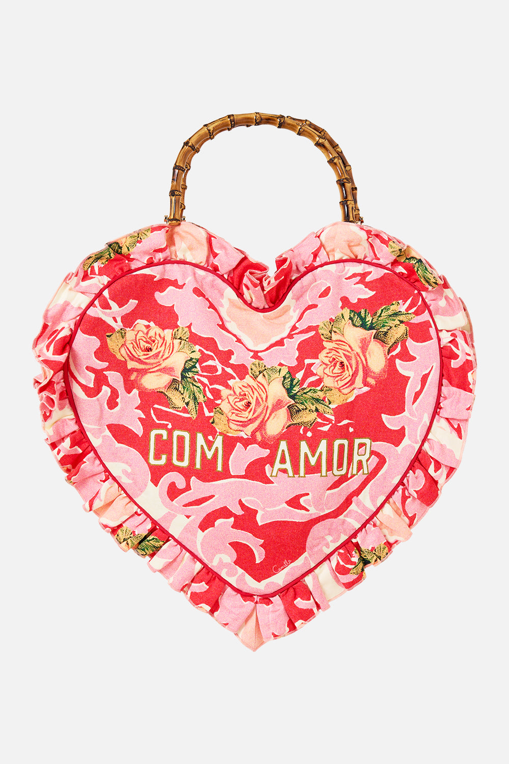 The CAMILLA Oversized Heart Frill Edge Tote in our Pink Porto print.