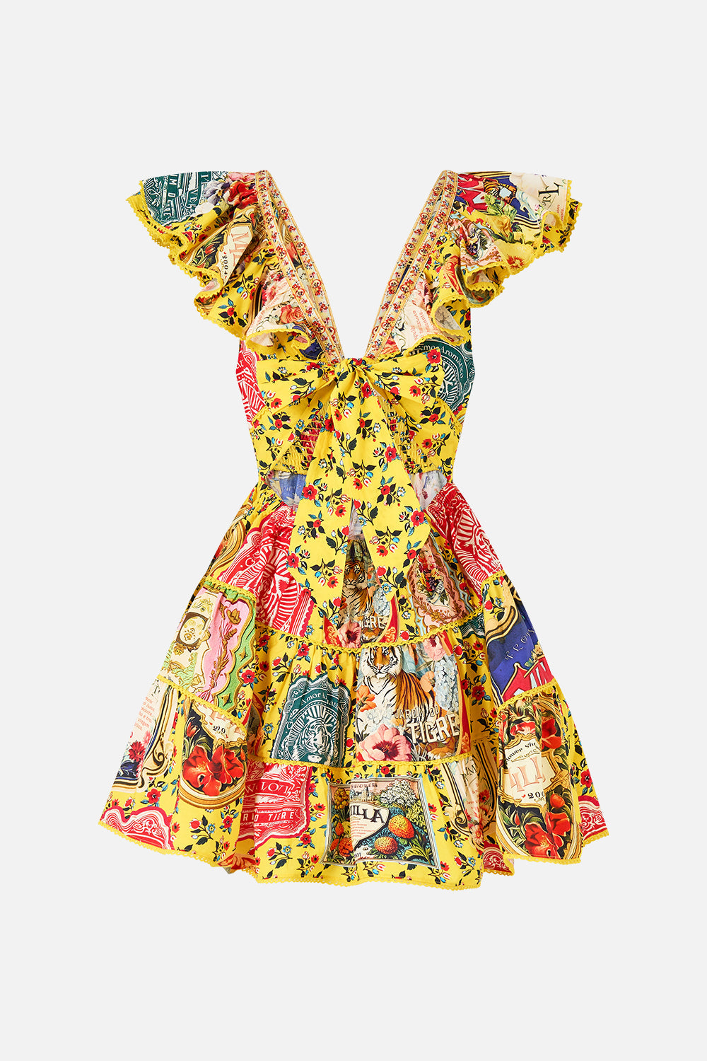 The CAMILLA Tiered Short Dress With Neck Frill in our Soap Opera print.