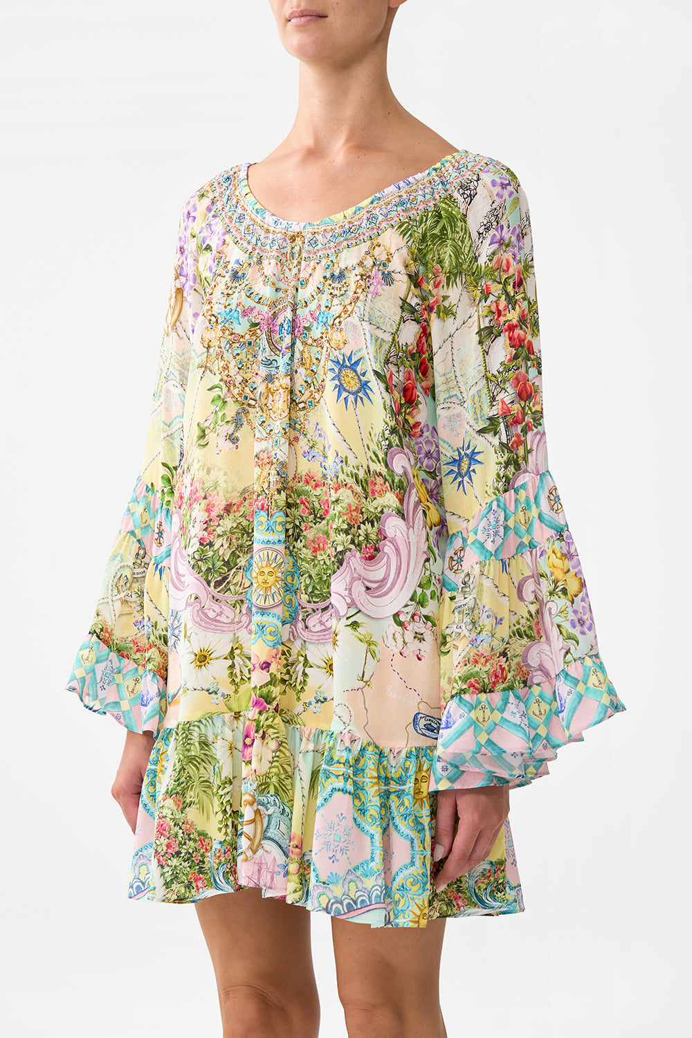 The CAMILLA A Line Frill Dress in our Just Coasting print.