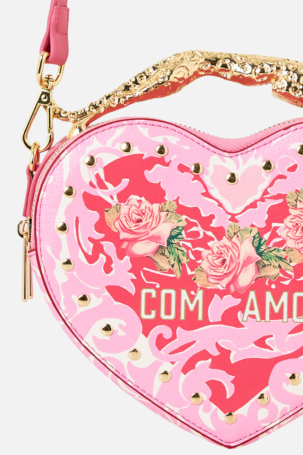 The CAMILLA Heart Crossbody With Leopard Handle in our Pink Porto print.