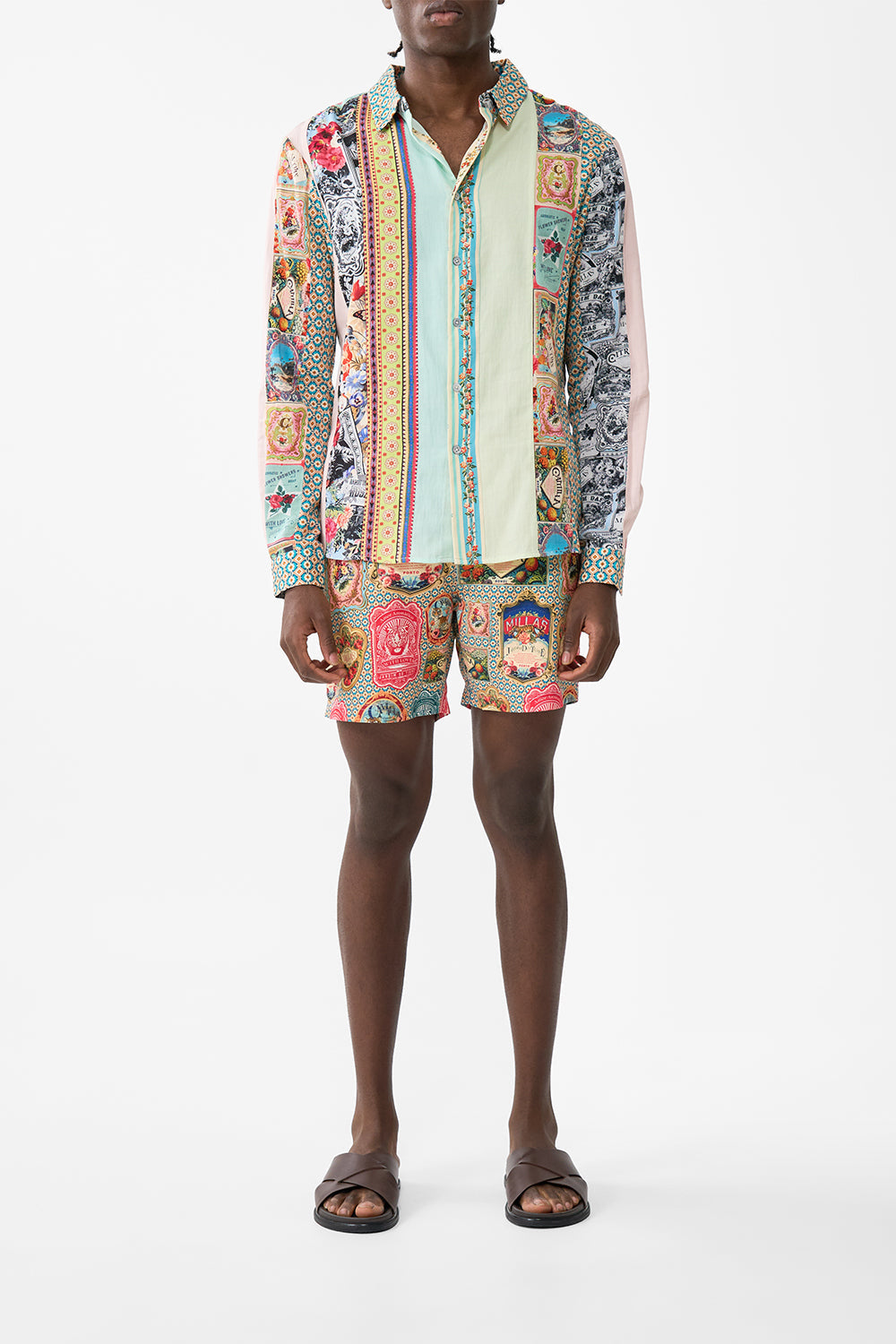 The CAMILLA Long Sleeve Patchwork Stripe Collared Shirt in our Soap Opera print.