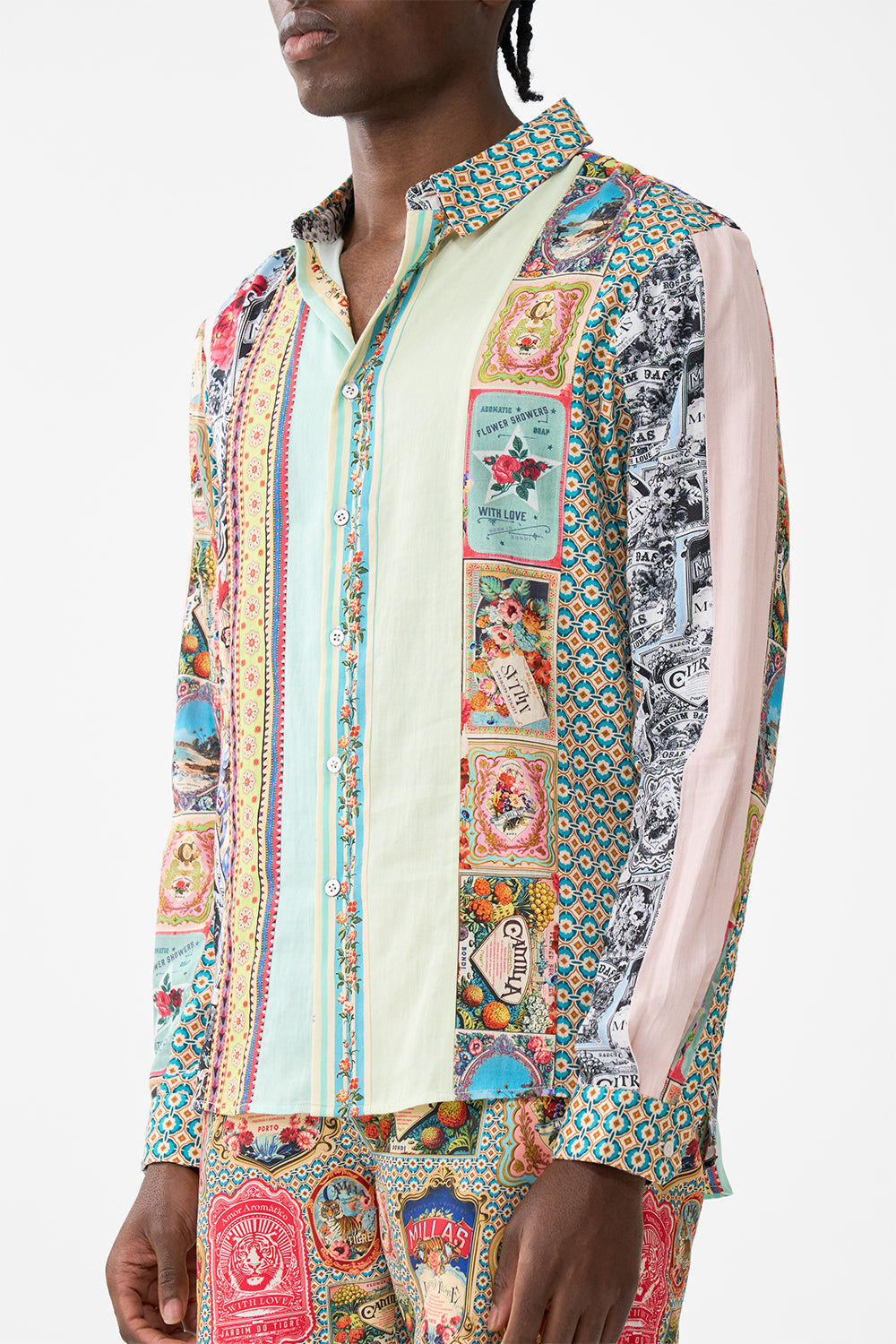 The CAMILLA Long Sleeve Patchwork Stripe Collared Shirt in our Soap Opera print.