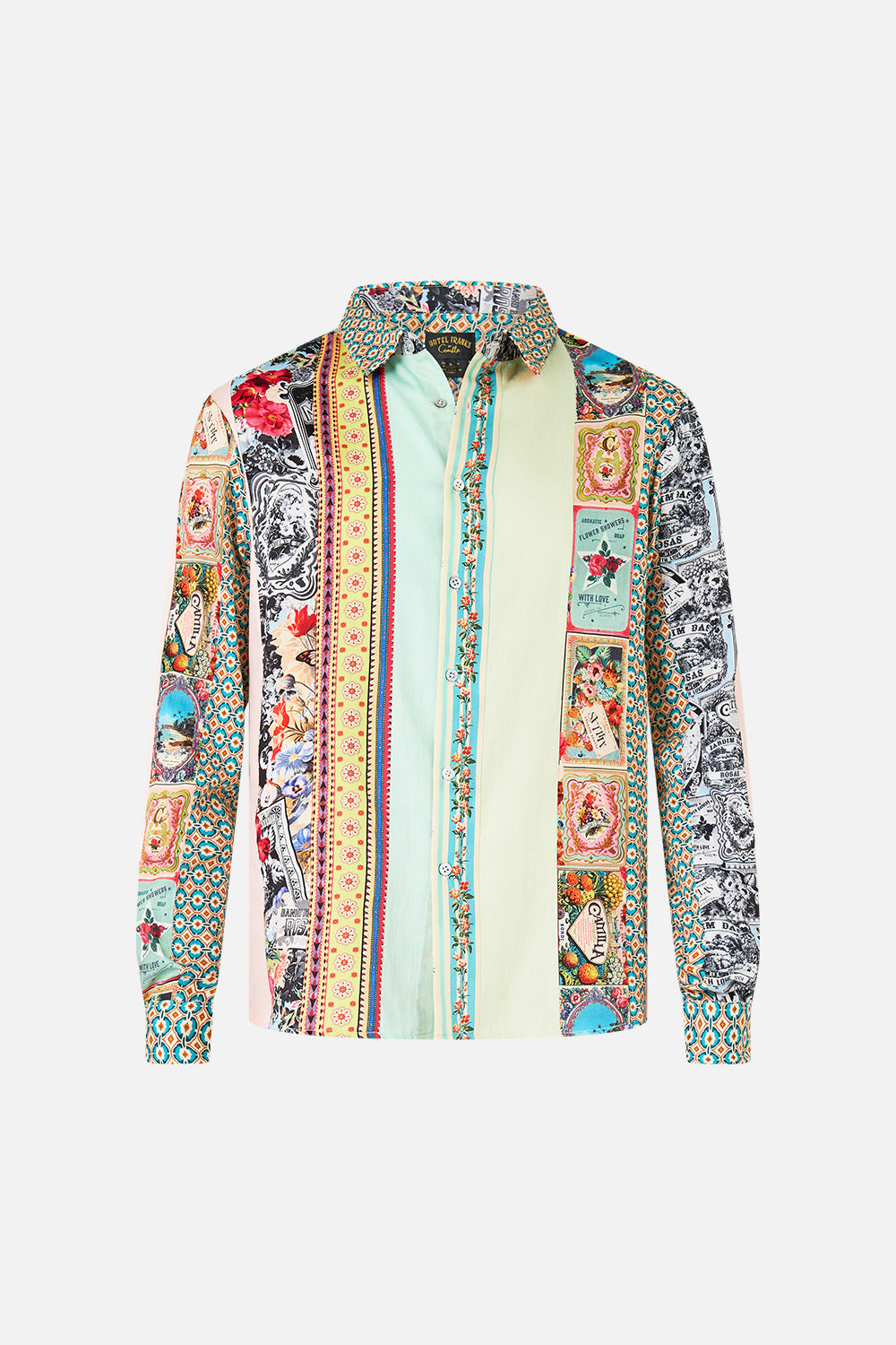 The CAMILLA Long Sleeve Patchwork Stripe Collared Shirt in our Soap Opera print.