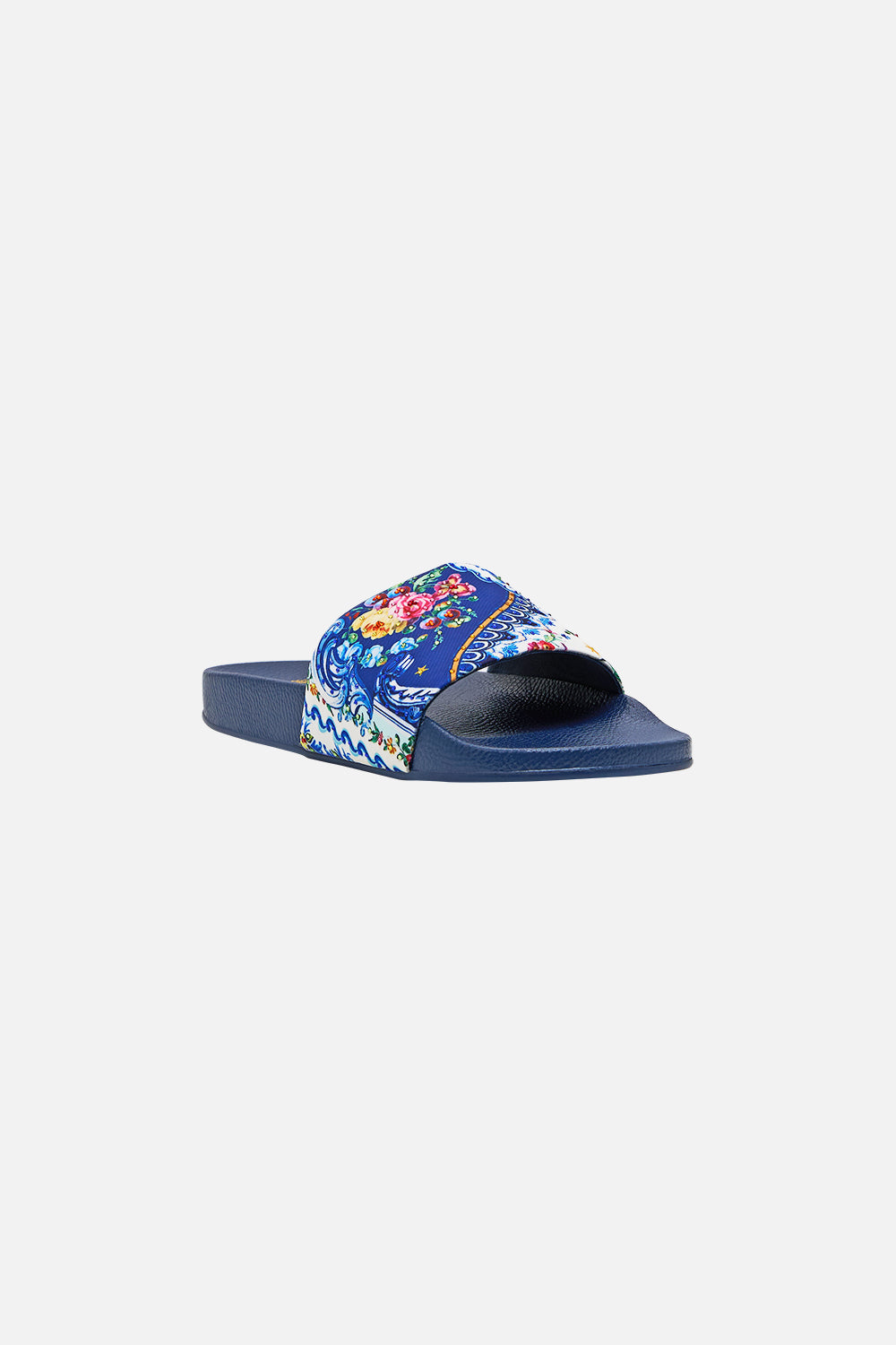 The CAMILLA Amelia Pool Slides in our Tiles Darls print.
