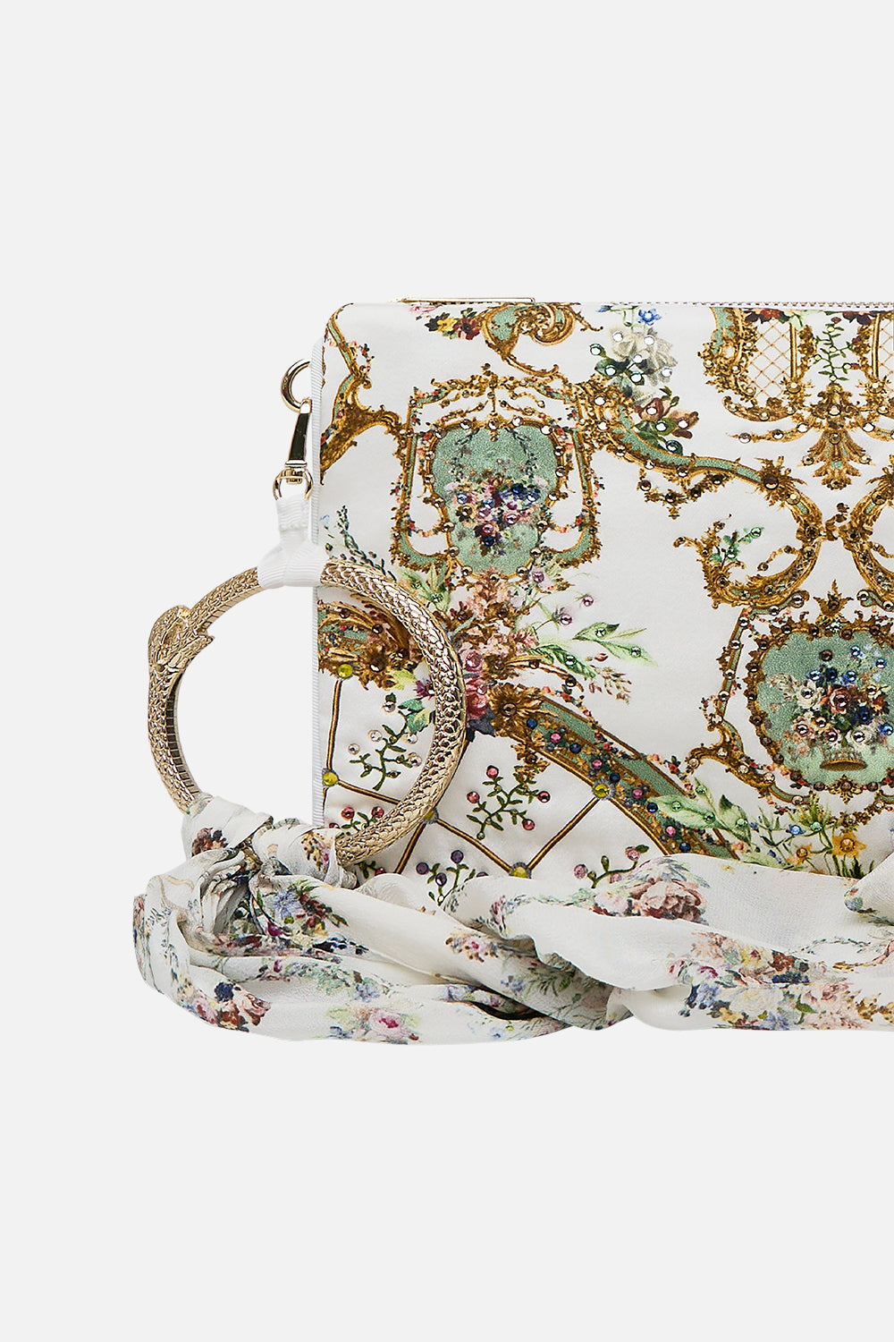 The CAMILLA Ring Scarf Clutch in our Dressing Room Drama print.