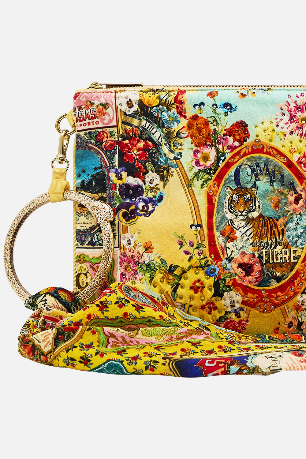 The CAMILLA Ring Scarf Clutch in our Aromatic Tiger Flower print.